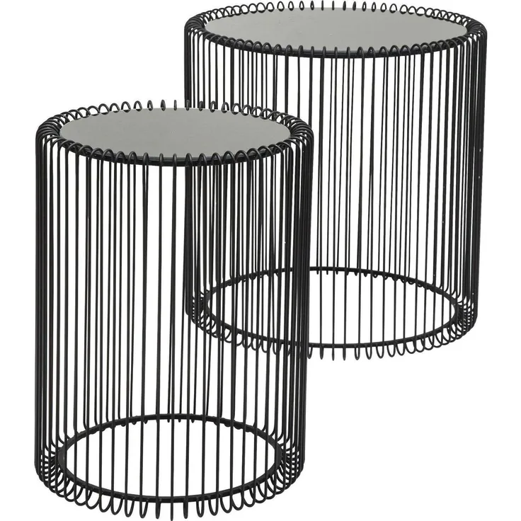 Kare Design Beistelltisch Wire Black 2er Set, runder, moderner Glastisch, kleiner Couchtisch, Kaffeetisch, Nachttisch, Schwarz (H/B/T) 42,5xØ32,5cm & 45xØ44cm