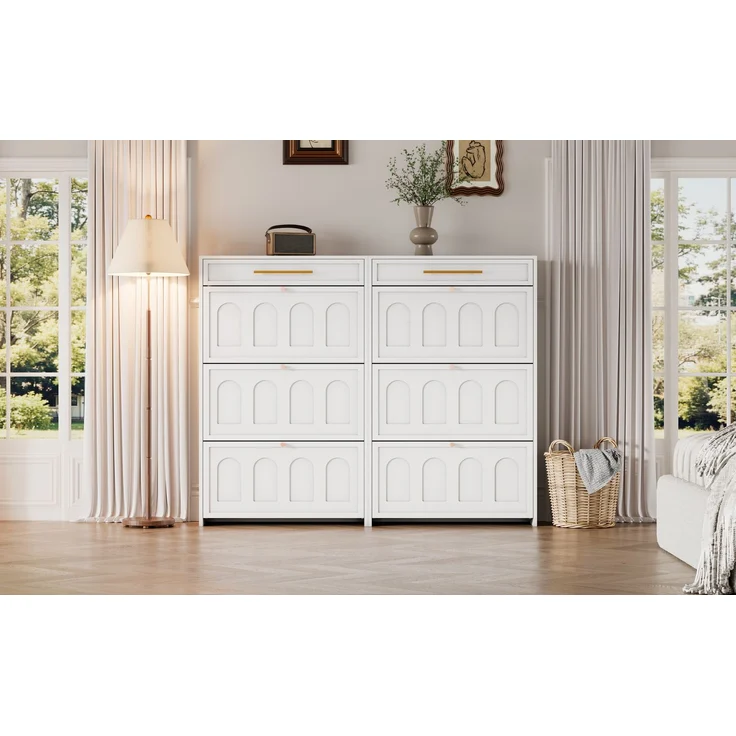 ZUBALIYA Schuhschrank (140 x 25 x 123,5 cm), 2 Schubladen, Verstellbare Einlegeböden, Stauraum für Flur und Eingangsbereich, Weiß – Bild 16