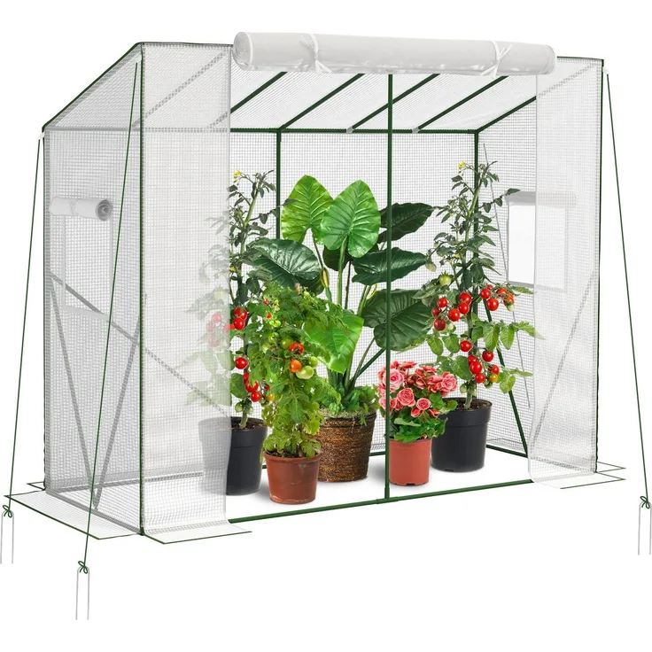 Velway Gewächshaus Tomatengewächshaus Begehbares 200 x 79 x 170/141cm | Witterungsschutz Schrägdach Foliengewächshaus, PE Gitterfolie 2 Belüftungsfenster für Balkon Garten Tomaten Gurken Paprika