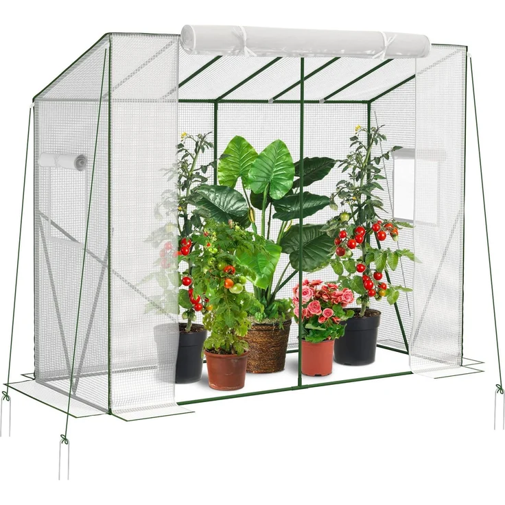 Velway Gewächshaus Tomatengewächshaus Begehbares 200 x 79 x 170/141cm | Witterungsschutz Schrägdach Foliengewächshaus, PE Gitterfolie 2 Belüftungsfenster für Balkon Garten Tomaten Gurken Paprika