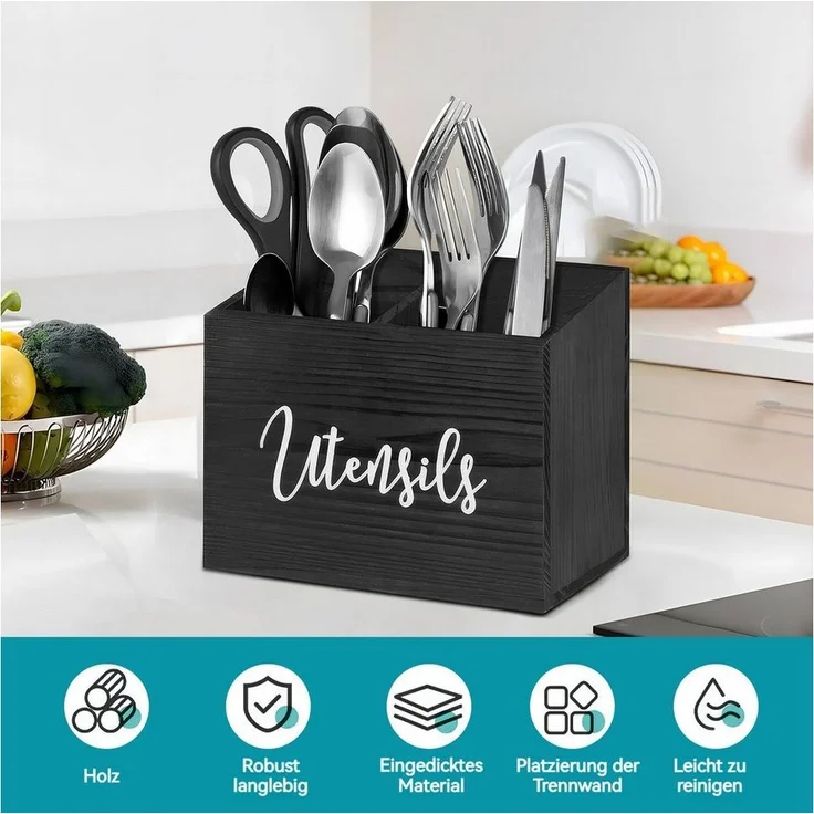 BlingBin Besteckhalter Utensilienhalter aus Holz, küchenutensilienhalter Utensilien-Organizer, (1er Set, 1-tlg, Holz-Utensilienbehälter mit 3 Fächern, 25,4 x 11,5 x 8,6 cm), Aufbewahrungsbehälter, Besteckhalter, für Messer, Gabel und Löffel – Bild 2