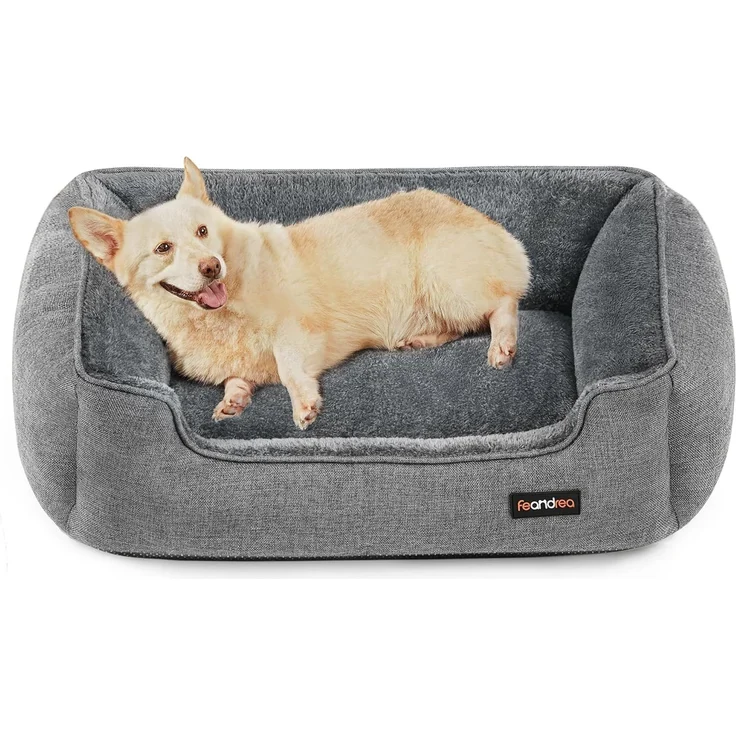 Feandrea Hundebett, Hundekissen in Leinenoptik, Hundekorb, erhöhte Ränder, rutschfeste Unterseite, Bezug abnehmbar waschbar, L, für mittelgroße Hunde, 90 x 75 x 25 cm, hellgrau PGW11GG – Bild 1