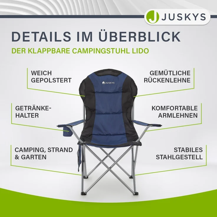 Juskys Campingstuhl Lido mit Getränkehalter & Tasche - Camping Klappstuhl gepolstert - Faltstuhl Angelstuhl Strandstuhl Chair - Stuhl Blau – Bild 5