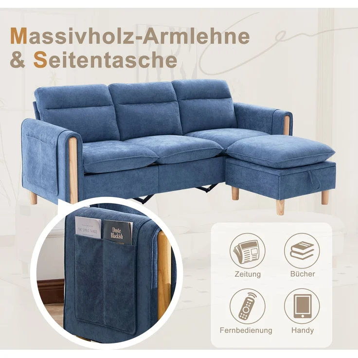 EINHOM Dreisitzige Sofagarnitur im nordischen Stil mit Aufbewahrungshocker, L-förmiges Stoffsofa mit Seitentaschen und Tischbeinen aus Holz, ideal für Wohnzimmer und kleine Räume (Blauer Chenille) – Bild 5