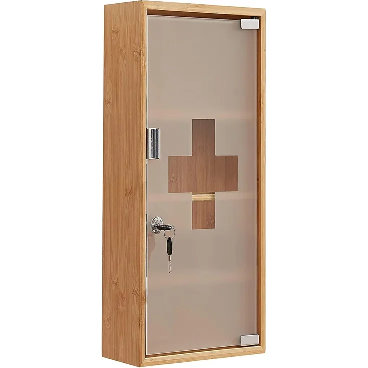 Zedelmaier Medizinschrank aus Bambus, Abschließbarer Arzneischrank, Hausapotheke, Erste Hilfe Schrank,Glastür mit Schloss (4 Fächer)