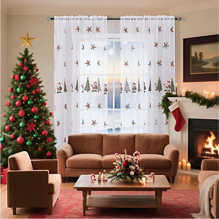 FOUORTUNATE-BEE Vorhang Weihnachtsvorhänge 2er-Set 130×245 cm mit gesticktem Deko-Motiv, Transparente Weihnachtsvorhänge mit Baum- und Santa-Stickerei – Bild 2