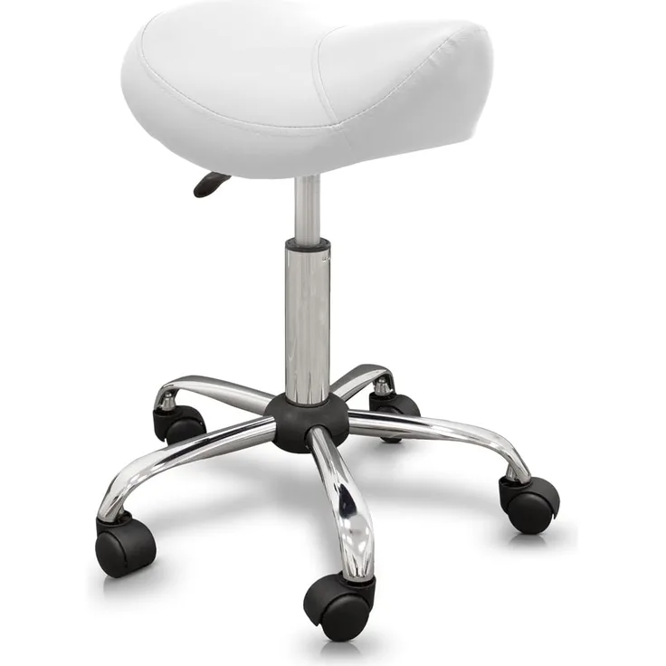 QUIRUMED Pony-Hocker, ergonomisch, mit Stahlgestell, weiße Farbe, Kunstlederpolsterung, höhenverstellbar, gepolsterter Sitz, drehbare Räder, bis 150 kg