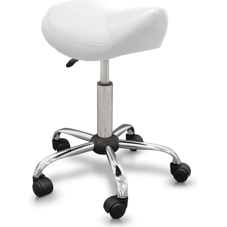 QUIRUMED Pony-Hocker, ergonomisch, mit Stahlgestell, weiße Farbe, Kunstlederpolsterung, höhenverstellbar, gepolsterter Sitz, drehbare Räder, bis 150 kg – Bild 1