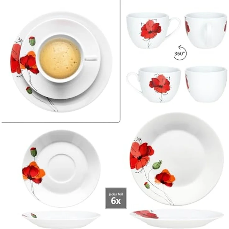 MamboCat Kaffeeservice MamboCat Mona 18tlg Kaffeeservice Mohnblüten Tasse Untertasse Teller, Porzellan – Bild 5