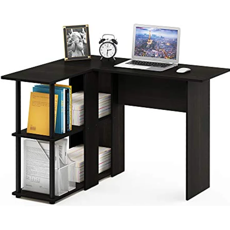 Furinno Abbott L-förmiger Schreibtisch mit Regalen, holz, Espresso/Schwarz, 87.5 x 87.5 x 73.51 cm – Bild 2