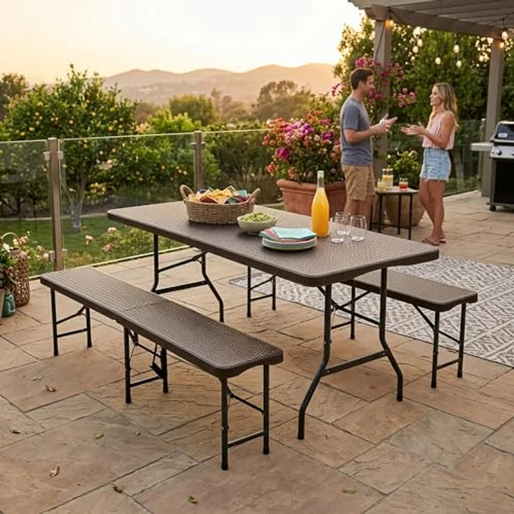 Ball & Cast Bierzeltgarnitur 3-teilig Klappbar, Biertisch Klapptisch mit 2 Sitzbänken, 180 cm Gartenmöbel Set für Innen und Außen, Braun – Bild 2