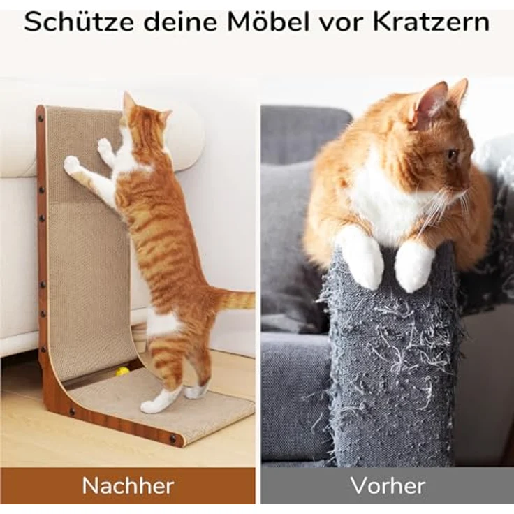 FUKUMARU Kratzbrett Katzen, 68 cm hoch L-förmige Kratzpappe aus vertikalem Karton, widerstandsfähig Katzenkratzbrett mit Ballspielzeug, Farbe Nussbaum – Bild 7