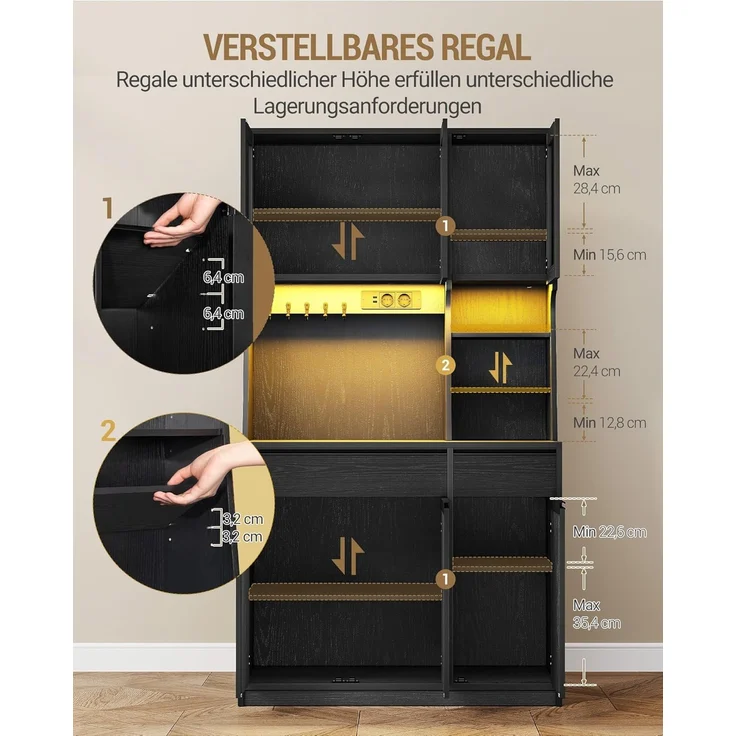 Küchenschrank, Buffetschrank, Hochschrank mit Steckdosen und LED-Lichtleisten, mit Arbeitsplatten und Zwei Schubladen, Verstellbare Einlegeböden, Küche, 40 x 100 x 180 cm, Schwarz – Bild 7