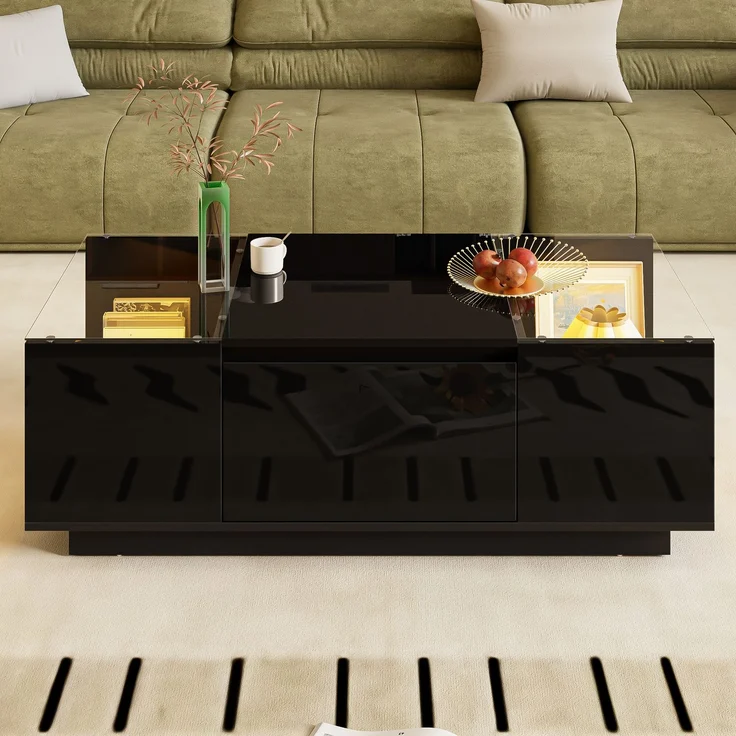 LED-Couchtisch 105×50×35 cm Schwarz Hochglanz Tisch mit Glasplatten, LED-Beleuchtung steuerbar via Bluetooth und App – Bild 3