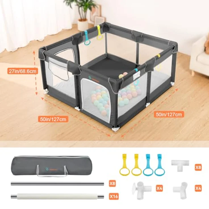 COMOMY Laufstall Baby, 127x127 cm Laufgitter Baby Sicherheitsbereich Schutzgitter für Kinder mit Weichem Netz, Rutschfestem Oxford Bottom (Grau) – Bild 3