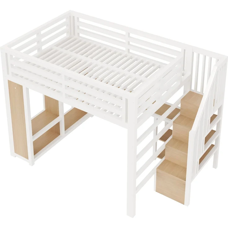 140x200 cm großes Gaming-Hochbett aus Metall mit LED-Beleuchtung, USB, Schreibtisch, offenem Kleiderschrank, Treppe und Staufächern, Weiß – Bild 7