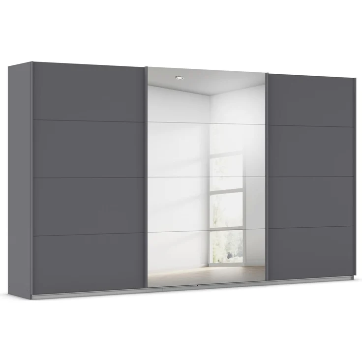 Rauch Möbel Kulmbach, Kleiderschrank mit Schwebetüren für Schlafzimmer, Kinderzimmer, Jugendzimmer, Garderobe, Flur, 3-türig, mit Spiegel, Zubehör Classic, Farbe Grau metallic, Schwarz, Breite 360 cm