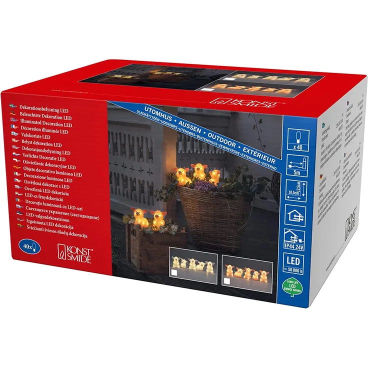 LED Lichterkette Acryl Babyschweinchen - 5 Leuchtfiguren - 40 warmweiße LED - Trafo - für Außen