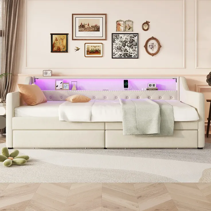 Schlafsofa mit LED-Streifen, Lattenrost und 2 Schubladen, 90x200cm, Polsterbett, Einzelbett, Jugendbett, Leinenbezug – Bild 3