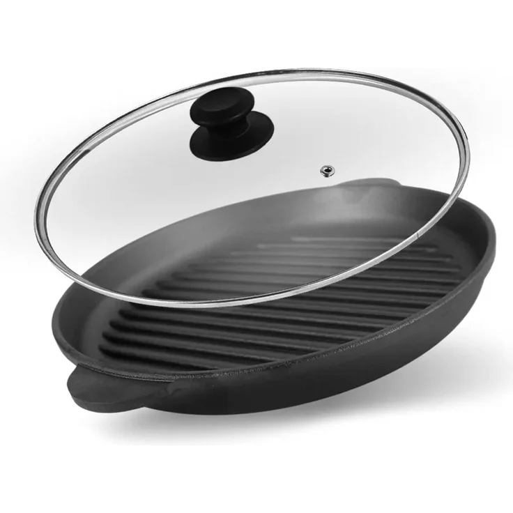 Ø26cm Grillpfanne aus Gusseisen Bräter mit Glasdeckel Schmortopf zwei Griffe Servierpfanne Grill – Bild 2
