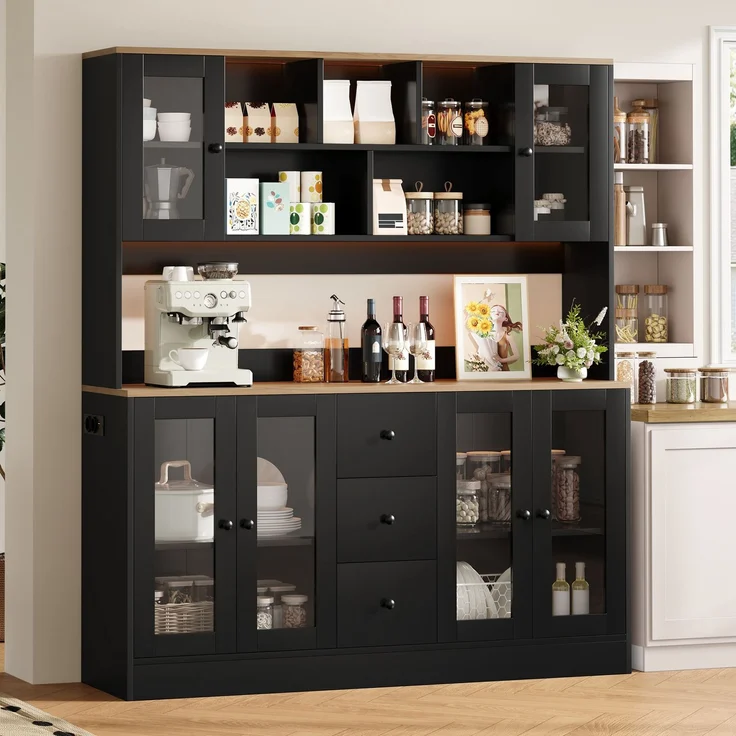 Küchenschrank, hoher Aufbewahrungsschrank mit LED-Beleuchtung und Steckdosen, Vorratsschrank mit 6 Acryltüren und 3 Schubladen, Vitrinenschrank für Wohnzimmer und Esszimmer, 150 × 40 × 173 cm--Schwarz + Natur--150x40x173cm--YOUDENOVA – Bild 3
