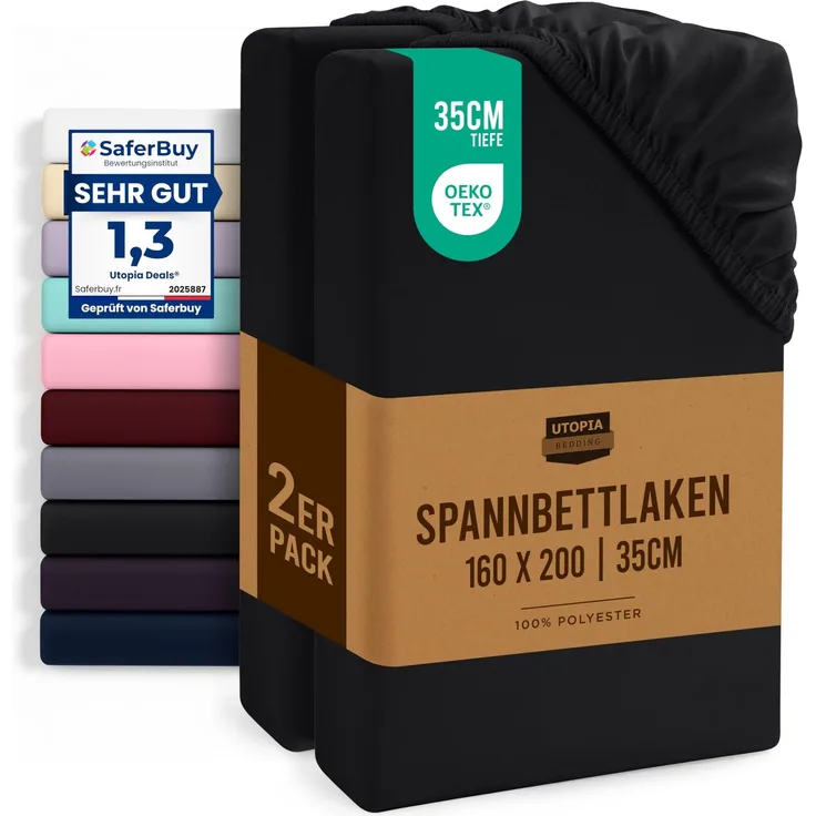 Utopia Bedding - 2er Set Spannbettlaken 160x200 cm - Schwarz - Oeko-Tex Zertifiziertes - Gebürstete Mikrofaser Spannbetttuch - 35 cm Tiefe Tasche