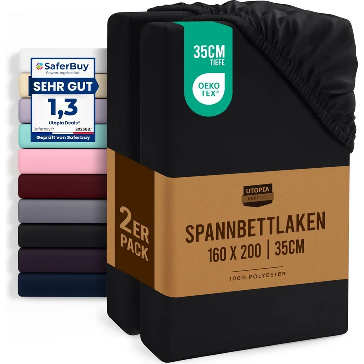 Utopia Bedding - 2er Set Spannbettlaken 160x200 cm - Schwarz - Oeko-Tex Zertifiziertes - Gebürstete Mikrofaser Spannbetttuch - 35 cm Tiefe Tasche