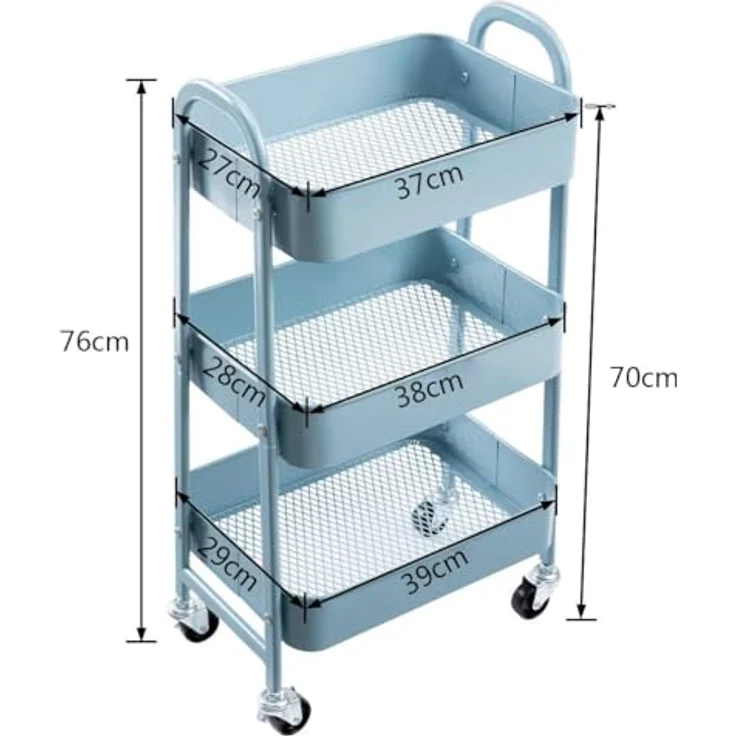 DOEWORKS Rollwagen Küchenwagen Servierwagen Aufbewahrungswagen 3-Etagen Metall Utility Cart mit Rädern für Wohnzimmer Schlafzimmer Make-up Badezimmer Büro, Grau Blau – Bild 7