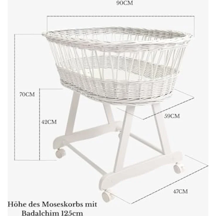 Wiklinopol Stubenwagen aus Weide mit Baldachin und Gestell Lena – Moseskorb in Weiß, Komplettset mit 5-TLG. Waffel-Bettwäsche Zirkusmotiv – Mit Rollen, Tragbar, Sicher – Bild 8