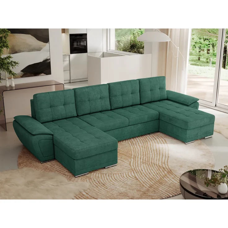 U-förmiges Ecksofa mit Schlaffunktion, genähter Sitz, zwei Armlehnen und losen Kissen - UMBRIA U - Grün Stoff