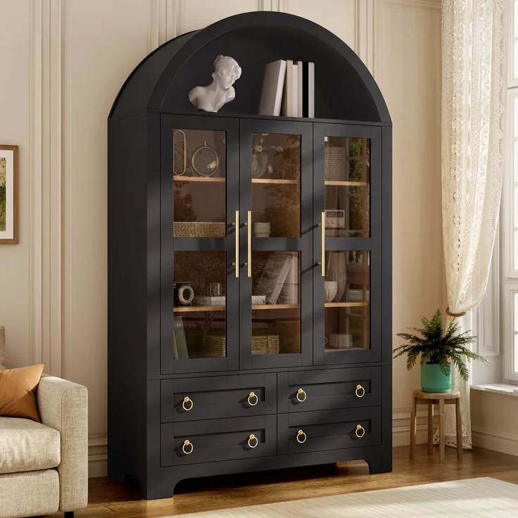 Flieks Vitrinenschrank, Hochschrank mit 3 Glastüren, 4 Schubladen & offener Bogennische, 110 x 40 x 185 cm, Schwarz – Bild 2