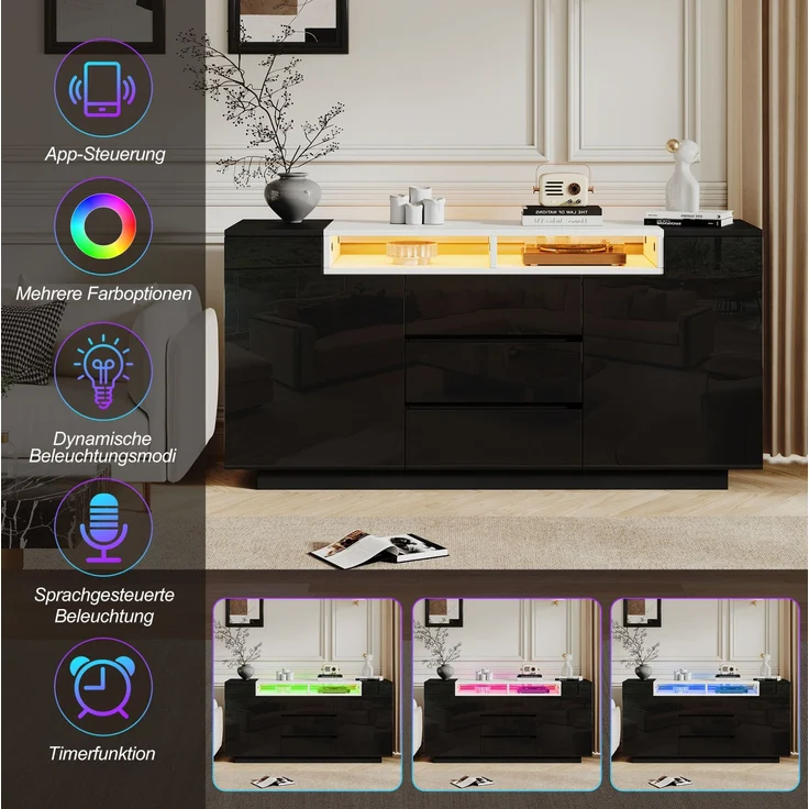 DESVIAE Sideboard Schwarz aus Spanplatte – 140x68x40 cm – 3 Schubladen, LED-Beleuchtung – Bild 6