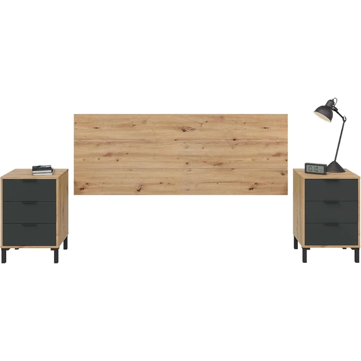 Habitdesign, modernes Kopfteil mit 2 Nachttischen und 6 Schubladen für Doppelbett, Schlafzimmer-Set in Eiche Nodi & Anthrazit, viel Stauraum, Maße: 240 x 74 x 33 cm (B x H x T), Modell Enzo – Bild 2