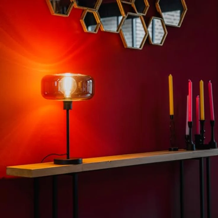 QAZQA Bizle Art-Deco-Tischlampe schwarz mit Rauchglas, rund, dimmbar, E27, 46 cm hoch – Bild 2