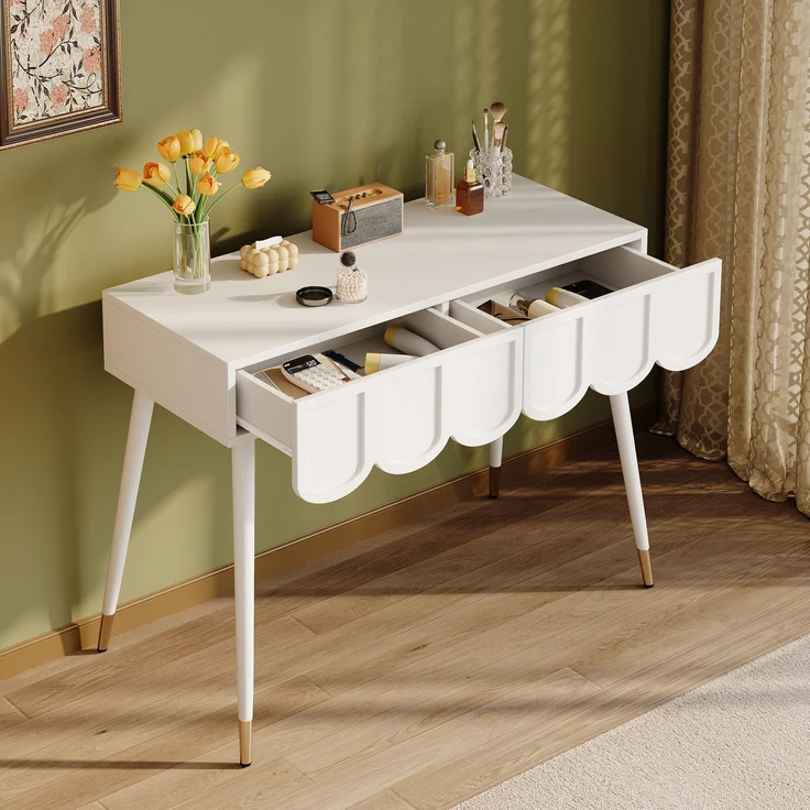 Schminktisch, Frisiertisch, mit 2 Schubladen, Metallfüße, weiß, Maße: B100 × T40× H76 cm--Weiß--100x40x76cm--YOUDENOVA – Bild 7
