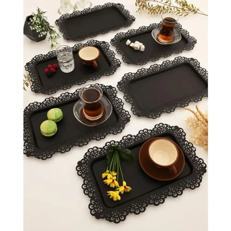 Jungengel Tablett 6x Set Serviertablett Servierplatte Schwarz Matt Teetablett, Metall, (6-tlg), Spitzenverzierter Serviertablett-Satz, Metall, Vintage Design – Bild 2