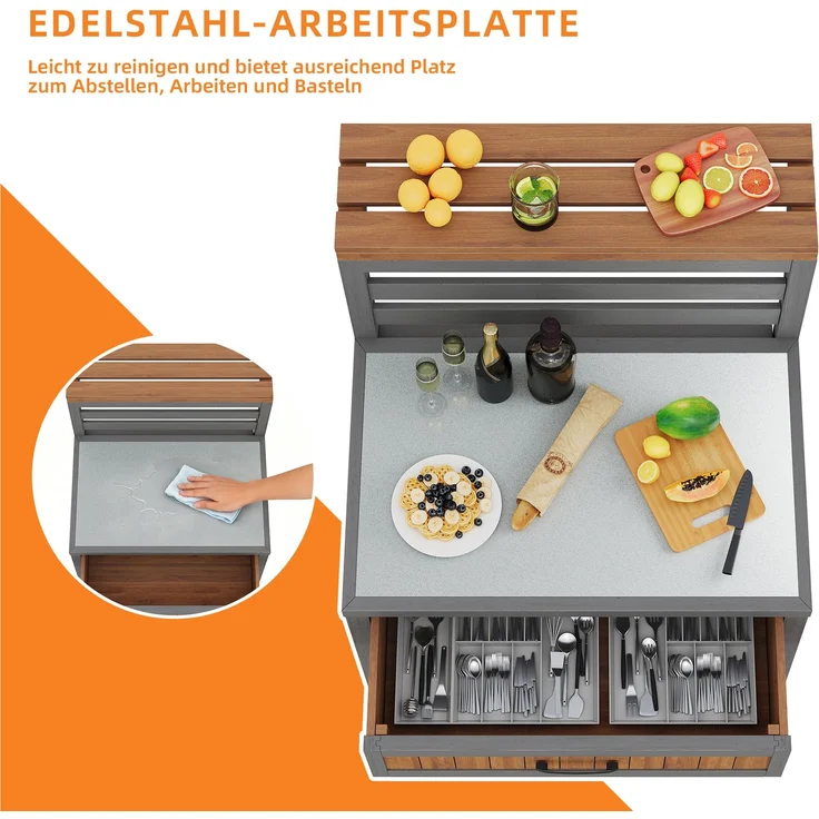 Merax Gartenschrank Holz Outdoor wetterfest Geräteschrank, Outdoor-Schrank mit Edelstahl-Arbeitsplatte & großer Schublade, Grillstation mit doppelter Ablage, kippsicheres Design – Bild 6
