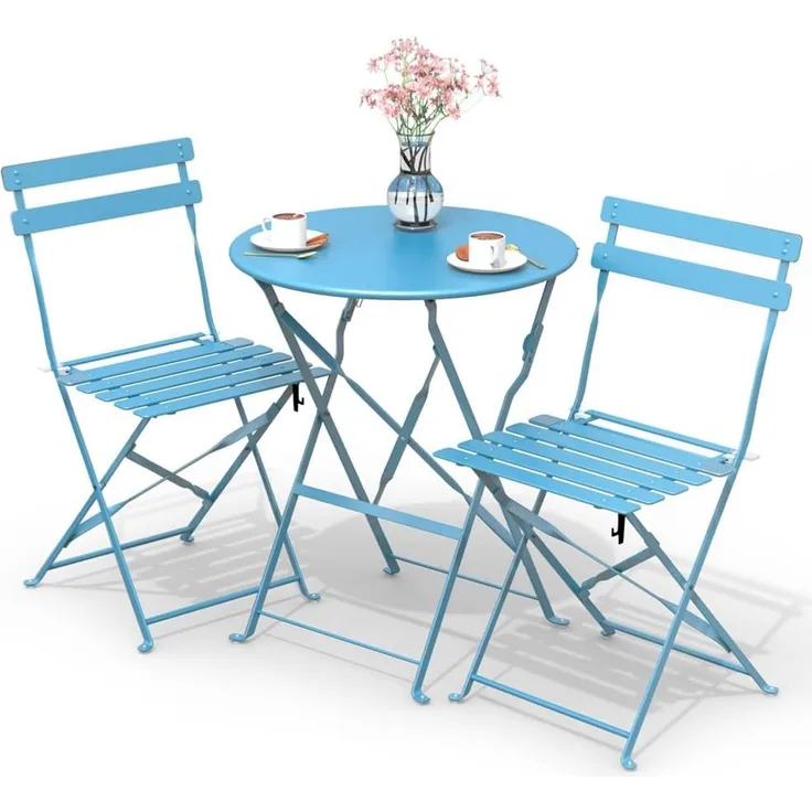 VOUNOT Bistroset 3-teilig, Klappbar Bistrotisch mit 2 Stühlen, Gartenmöbel Set Balkonset Gartengarnitur, Sitzgruppe Metall, Bistro Set Outdoor, Blau