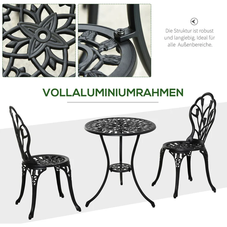 Garten-Bistroset aus Aluminium, 3-teilig mit Schirmloch, Tisch Ø60x67 cm, Schwarz – Bild 5