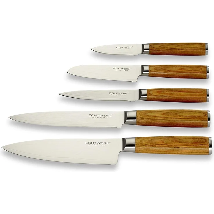 ECHTWERK Messer-Set Damaszener (Set, 5-tlg), Küchenmesser-Set mit Holzgriffen in natürlicher Optik