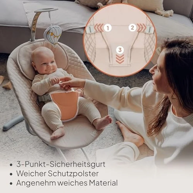 LIONELO RIO Elektrische Babywippe für Kleinkinder bis zu 9 kg Verstellbare Rückenlehne, 3 Wiegegeschwindigkeiten, Polster Sitzgurte Melodien und Geräusche der Natur Leichtes Gewicht 3,5 kg – Bild 4