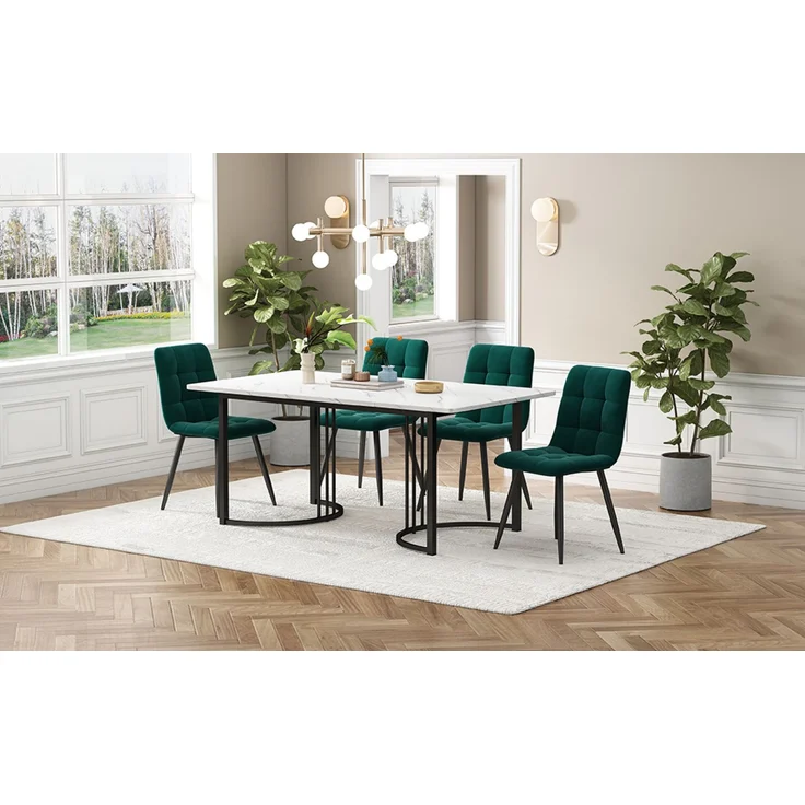 Merax Essgruppe (5-tlg), Esstisch mit 4 Stühlen Set, Moderner Küchentisch Set , 140×80cm Küchentisch mit Schwarz Metallbeinen, MDF Tischplatte in Weißer, Dunkelgrün Samt Esszimmerstühle – Bild 2