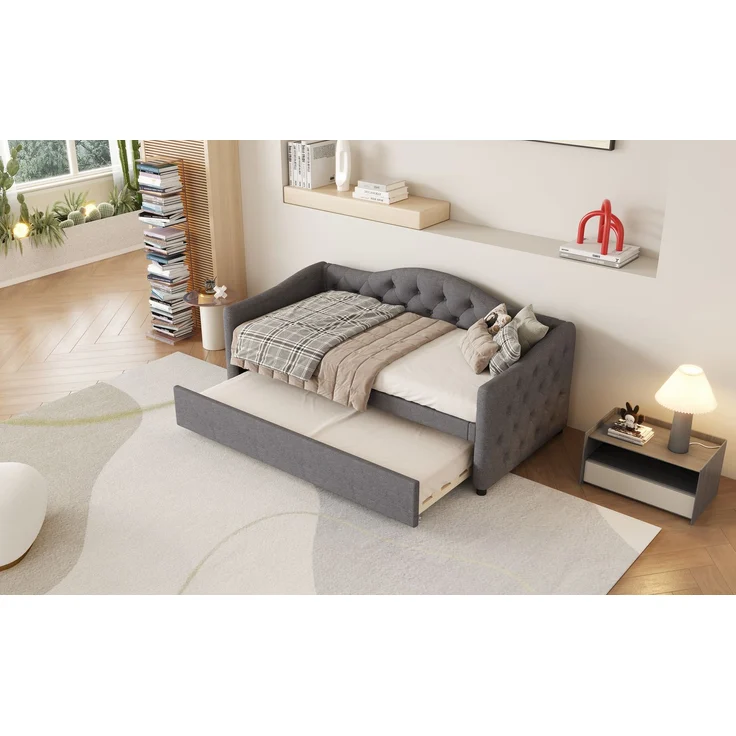 Wohnora-Daybettt, 90x200cm Tagesbett mit ausziehbarem Bett,Schlafsofa, Einzelbett(Ohne Matratze), Leinen, minimalistisches Styling, Grau,Grau – Bild 4