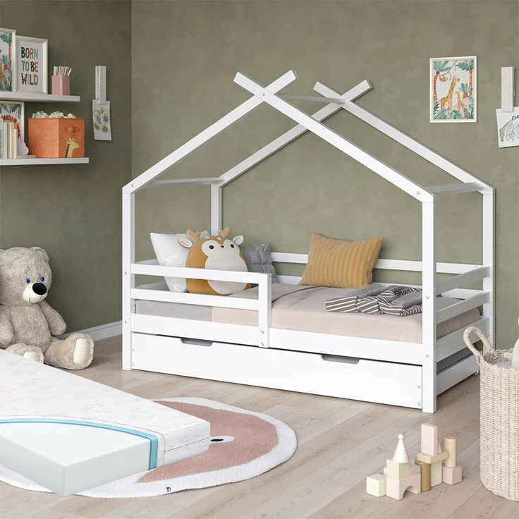Hausbett Luni Weiß 160 x 80 cm mit ausziehbarem Gästebett und Matratzen Vitalispa – Bild 3