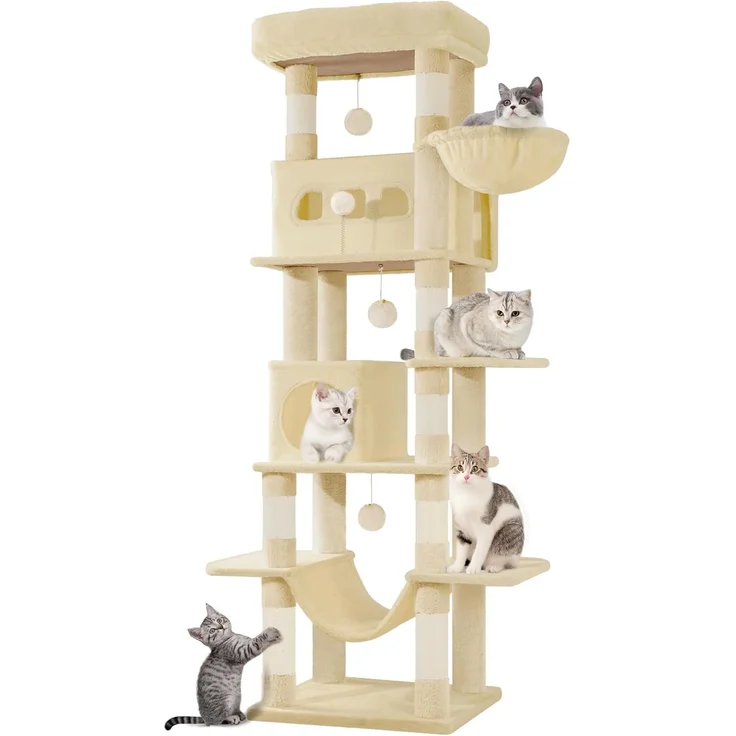 Kratzbaum groß, 170 cm hoch, Katzenbaum, mit 8 Kratzbäume, 2 Höhlen, groß Plattformen, Waschbare Matte, Hängematte, Plüschbälle, mehrstöckiger katzenkratzbaum, Beige – Bild 1