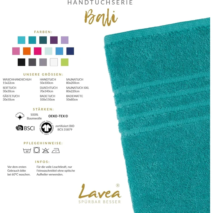 Lavea Badetuch Bali Duschtuch 100x150 cm Duschtuch 70x140 cm, Weiches Bio-Baumwollfrottee (1-St), Handtuch, GOTS-zertifiziert, extra saugstark mit 500g/m² – Bild 4
