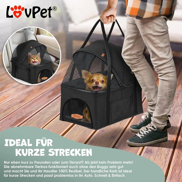 LOVPET® Hundewagen 2in1, Hundebox, Transporttasche, Faltbar, klappbar bis 20kg, mit Netzfenstern, Getränkehalter, Regenschutzabdeckung & Kuscheldecke, Anthrazit, 99,5 x 65 x 50,5 cm – Bild 6