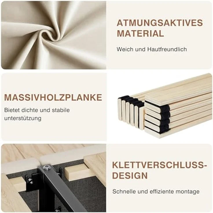 VECELO Polsterbett 140x200 cm, Doppelbett mit Höhenverstellbarem Kopfteil, Samtbezug und Stabiler Lattenrost, Geräuschfrei, Einfache Montage, für Schlafzimmer und Gästezimmer, Beige – Bild 3