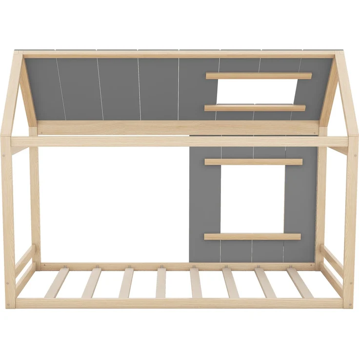 Kinderbett 90x200 cm in Hausform, Montessori Bett mit Dach und Fenster,offenes Design zum Dekorieren,Natur & Grau – Bild 10