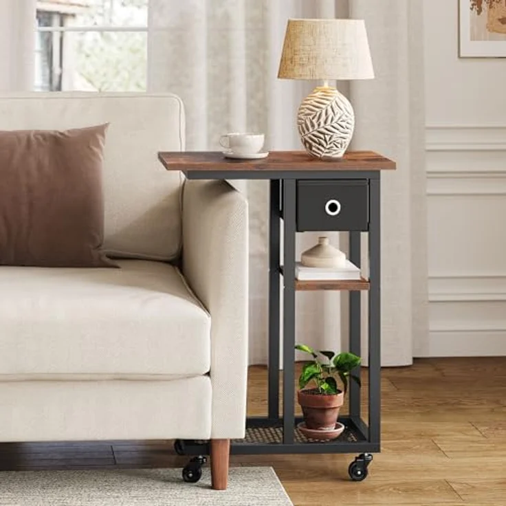 YITAHOME Beistelltisch, C-Form Sofatisch mit Rollen und Schublade，Wohnzimmertisch für Kaffee und Laptop，für Wohnzimmer, Schlafzimmer，50 x 30 x 67cm, Rustikales Braun – Bild 4
